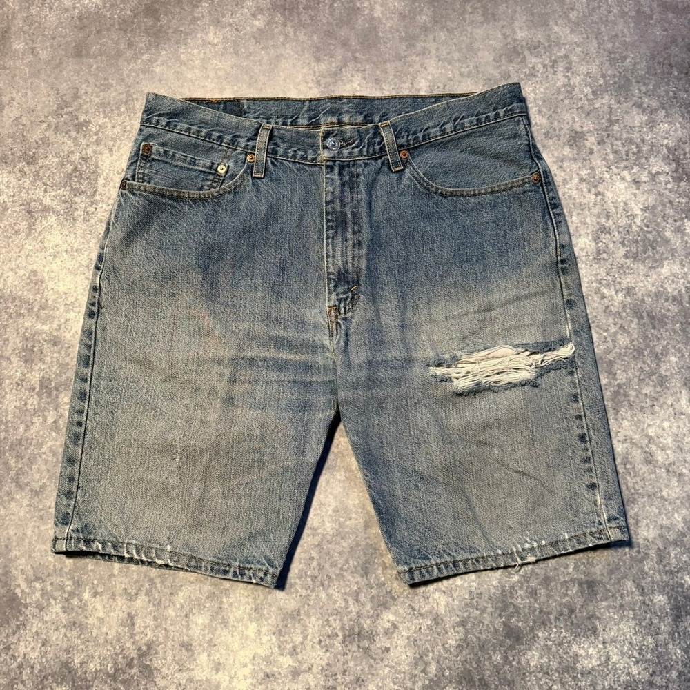 Levis 505 Mens Distressed Denim Jean Shorts Blue Size 36 Regular Fit Jorts
